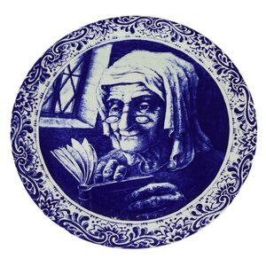Boch Delft Blue 10.5" Plate Elderly Woman Reading Vintage Porcelain Decor